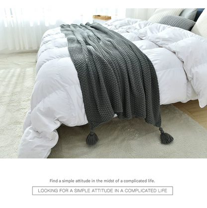 Black 1130*170cm Nordic Style Tassel Knit Throw Blanket - Soft Polyester Sofa Blanket with Pineapple Texture - Breathable & Lightweight for Office, Couch, Travel - Boho Chic Home Decor