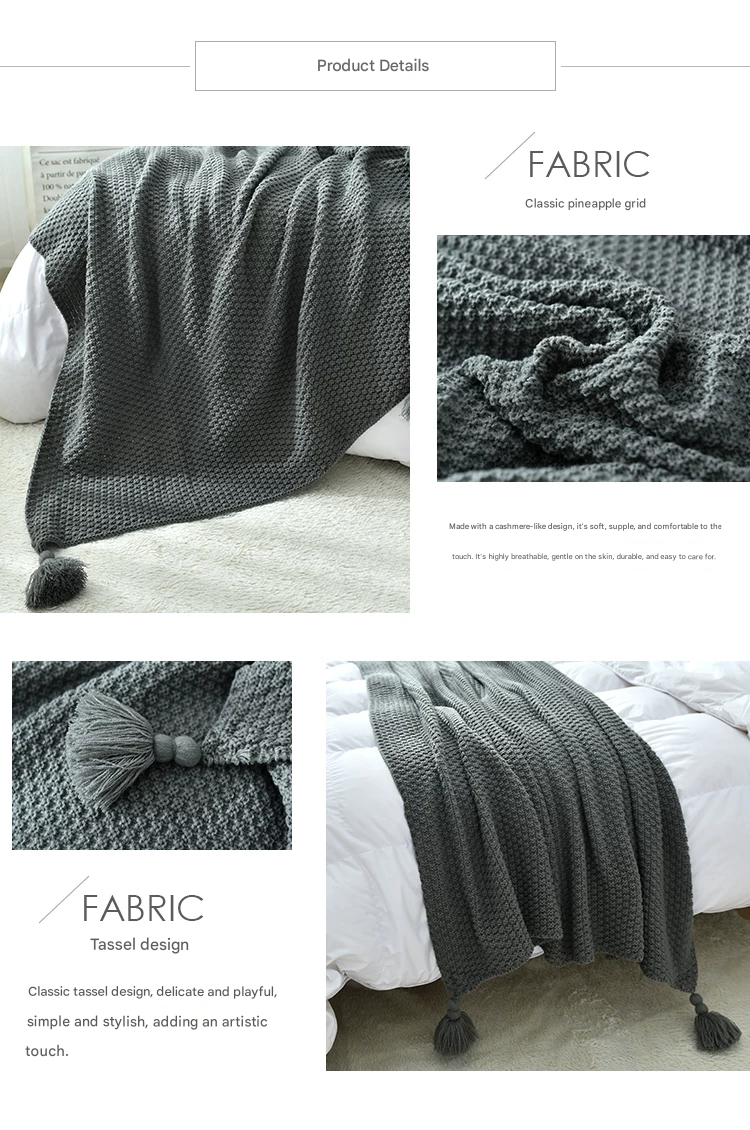 Pink 1130*170cm Nordic Style Tassel Knit Throw Blanket - Soft Polyester Sofa Blanket with Pineapple Texture - Breathable & Lightweight for Office, Couch, Travel - Boho Chic Home Decor