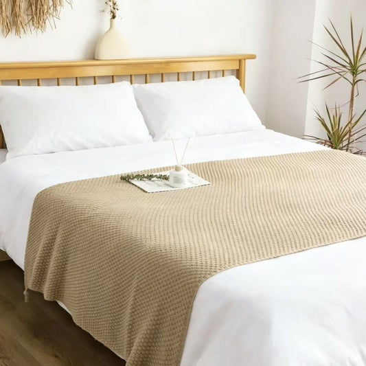 Khaki 1130*170cm Nordic Style Tassel Knit Throw Blanket - Soft Polyester Sofa Blanket with Pineapple Texture - Breathable & Lightweight for Office, Couch, Travel - Boho Chic Home Decor