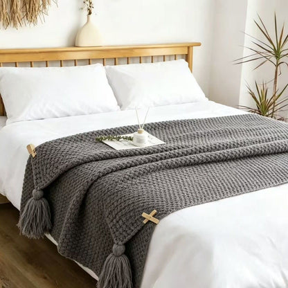 Grey 1130*170cm Nordic Style Tassel Knit Throw Blanket - Soft Polyester Sofa Blanket with Pineapple Texture - Breathable & Lightweight for Office, Couch, Travel - Boho Chic Home Decor
