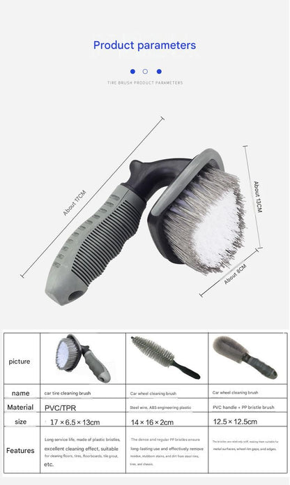 3-piece Car Tyre and Wheel Rim Cleaning Brush - Heavy Duty PP Bristles, Ergonomic L-Shaped Handle, Durable PVC/TPR Construction - Essential Auto Detailing Tool for Deep Cleaning Tyres and Alloy Rims