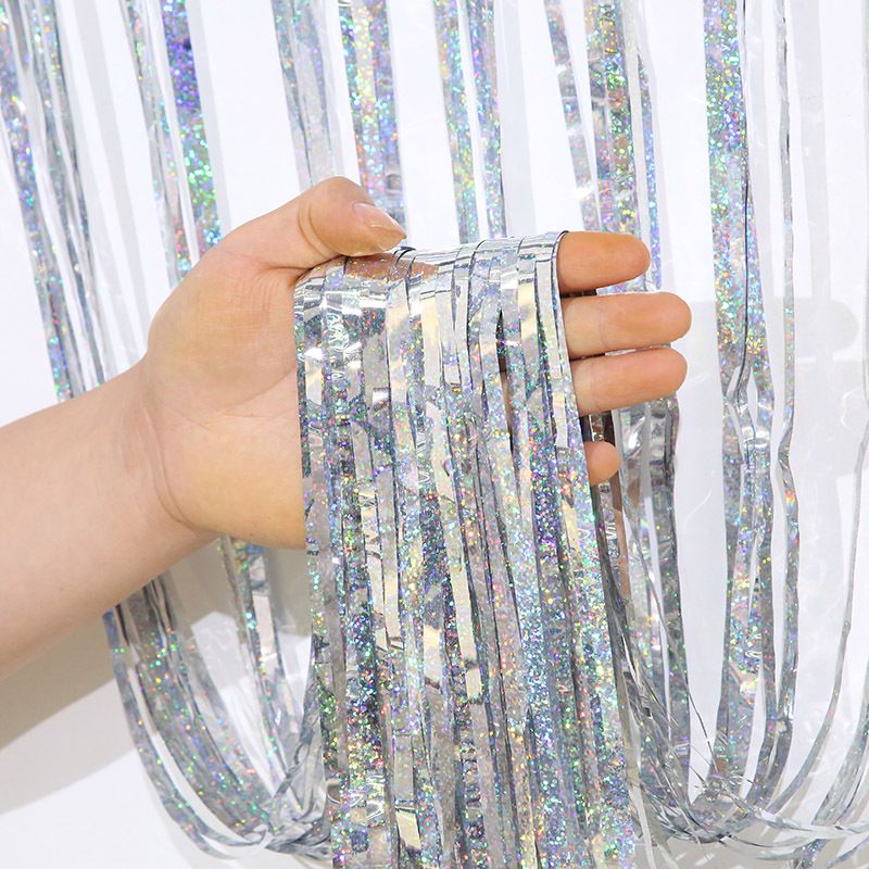 5-piece Silvery Laser Tinsel Foil Fringe Curtain - 1*1m Metallic Party Streamer Backdrop for Birthday, Wedding, Christmas, New Year & Event Decoration - Shimmering Photo Booth & Doorway Prop