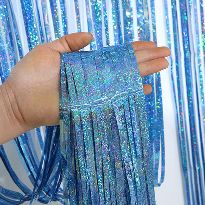 5-piece Light Blue Laser Tinsel Foil Fringe Curtain - 1*1m Metallic Party Streamer Backdrop for Birthday, Wedding, Christmas, New Year & Event Decoration - Shimmering Photo Booth & Doorway Prop