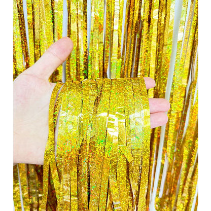 5-piece Golden Laser Tinsel Foil Fringe Curtain - 1*1m Metallic Party Streamer Backdrop for Birthday, Wedding, Christmas, New Year & Event Decoration - Shimmering Photo Booth & Doorway Prop