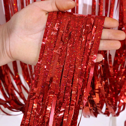 5-piece Red Laser Tinsel Foil Fringe Curtain - 1*1m Metallic Party Streamer Backdrop for Birthday, Wedding, Christmas, New Year & Event Decoration - Shimmering Photo Booth & Doorway Prop