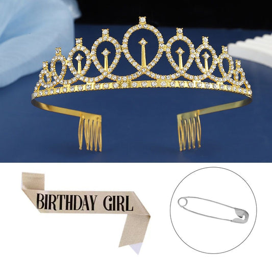 2-piece Golden Birthday Girl Tiara and Sash Set - Elegant Rhinestone Alloy Crown with , Glitter "BIRTHDAY GIRL" Sash & Safety Pin - Perfect Princess Party Accessory for Women and Girls