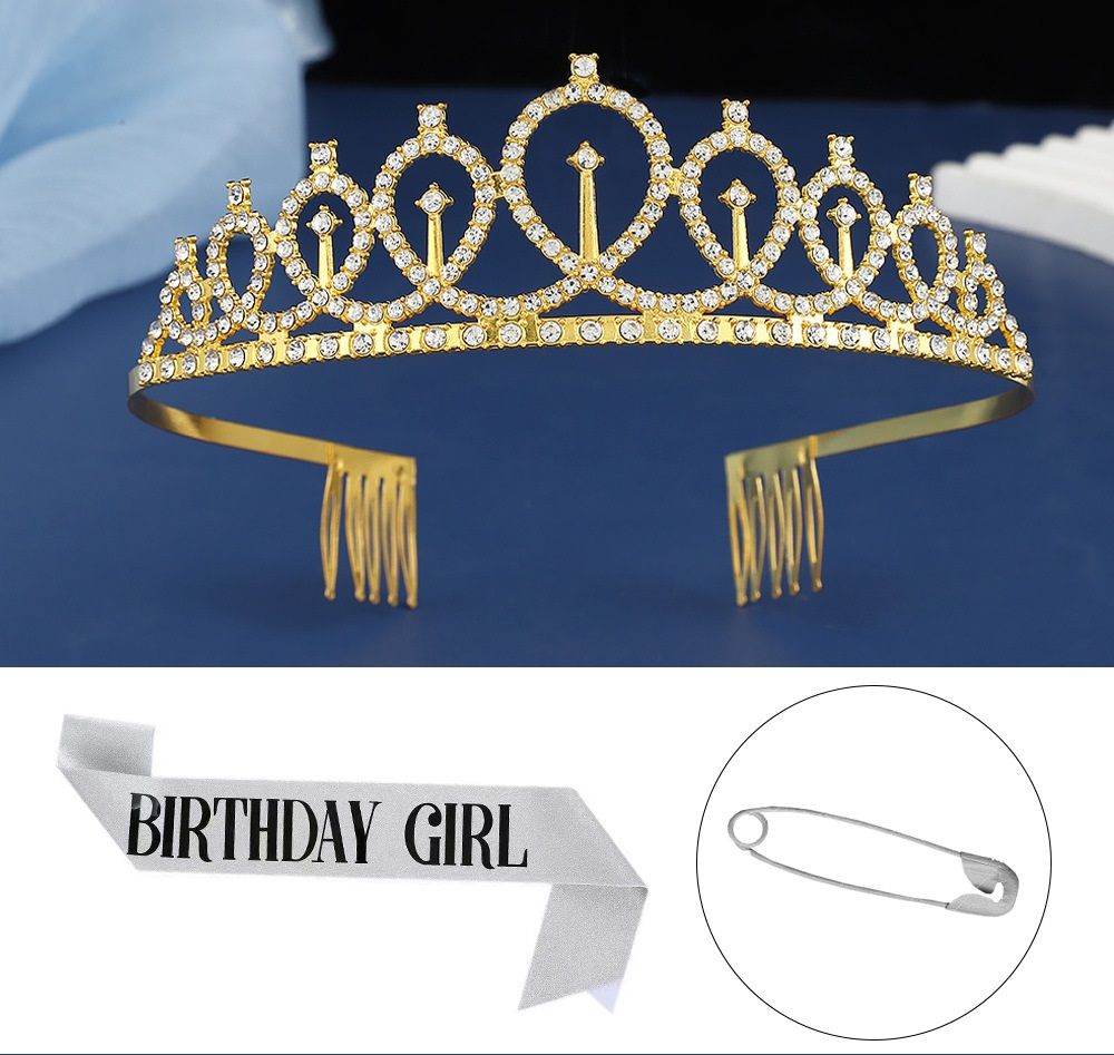 2-piece Golden and Silvery Birthday Girl Tiara and Sash Set - Elegant Rhinestone Alloy Crown with , Glitter "BIRTHDAY GIRL" Sash & Safety Pin - Perfect Princess Party Accessory for Women and Girls