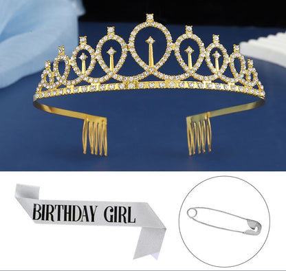 2-piece Golden and Silvery Birthday Girl Tiara and Sash Set - Elegant Rhinestone Alloy Crown with , Glitter "BIRTHDAY GIRL" Sash & Safety Pin - Perfect Princess Party Accessory for Women and Girls