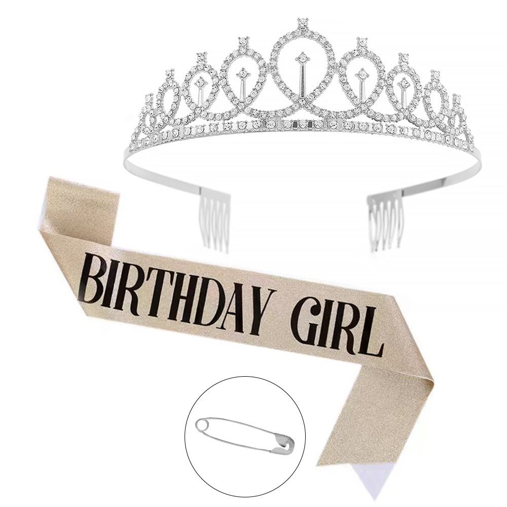 2-piece Silvery and Golden Birthday Girl Tiara and Sash Set - Elegant Rhinestone Alloy Crown with , Glitter "BIRTHDAY GIRL" Sash & Safety Pin - Perfect Princess Party Accessory for Women and Girls
