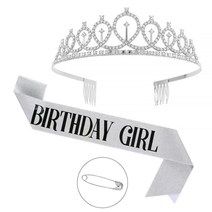 2-piece Silvery Birthday Girl Tiara and Sash Set - Elegant Rhinestone Alloy Crown with , Glitter "BIRTHDAY GIRL" Sash & Safety Pin - Perfect Princess Party Accessory for Women and Girls