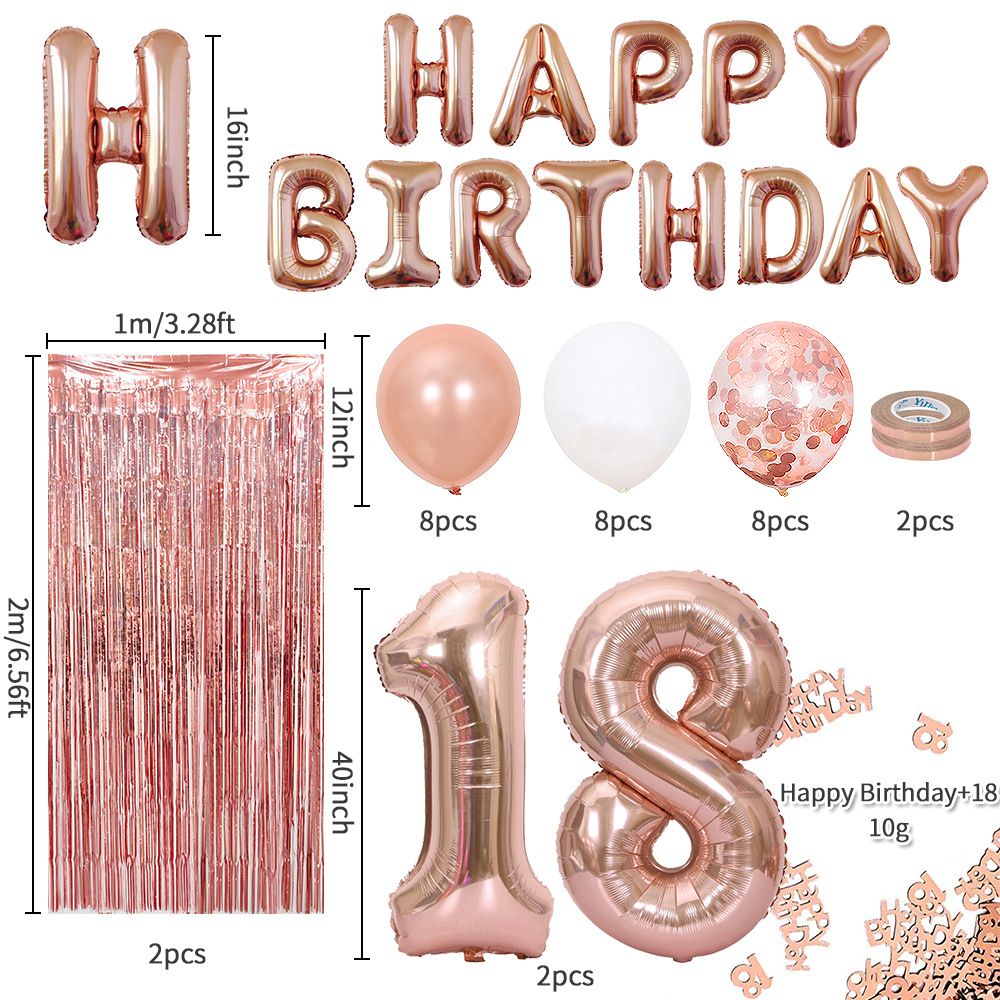 Rose Gold 18th Birthday Balloon Decoration Set - Foil Number Balloons, Happy Birthday Letter Banner, Tassel Curtain, Confetti Balloons, Latex Balloons & Tape - Complete Party Decor Kit for 18th, 21st, 30th  Birthdays