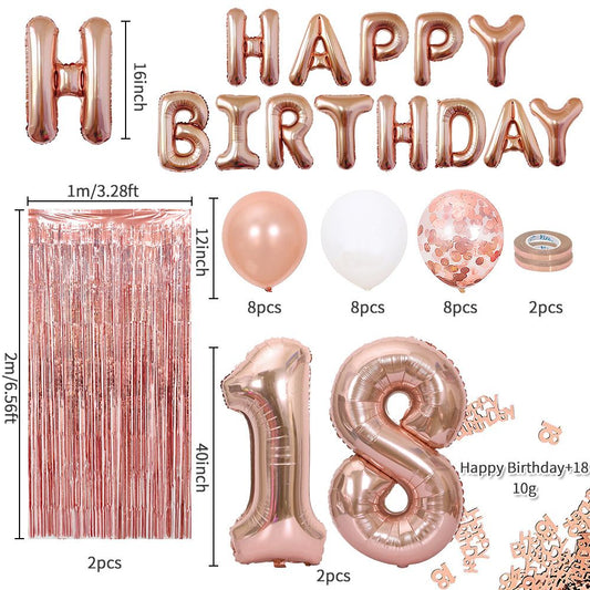 Rose Gold 18th Birthday Balloon Decoration Set - Foil Number Balloons, Happy Birthday Letter Banner, Tassel Curtain, Confetti Balloons, Latex Balloons & Tape - Complete Party Decor Kit for 18th, 21st, 30th  Birthdays