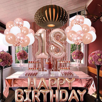 Rose Gold 18th Birthday Balloon Decoration Set - Foil Number Balloons, Happy Birthday Letter Banner, Tassel Curtain, Confetti Balloons, Latex Balloons & Tape - Complete Party Decor Kit for 18th, 21st, 30th  Birthdays