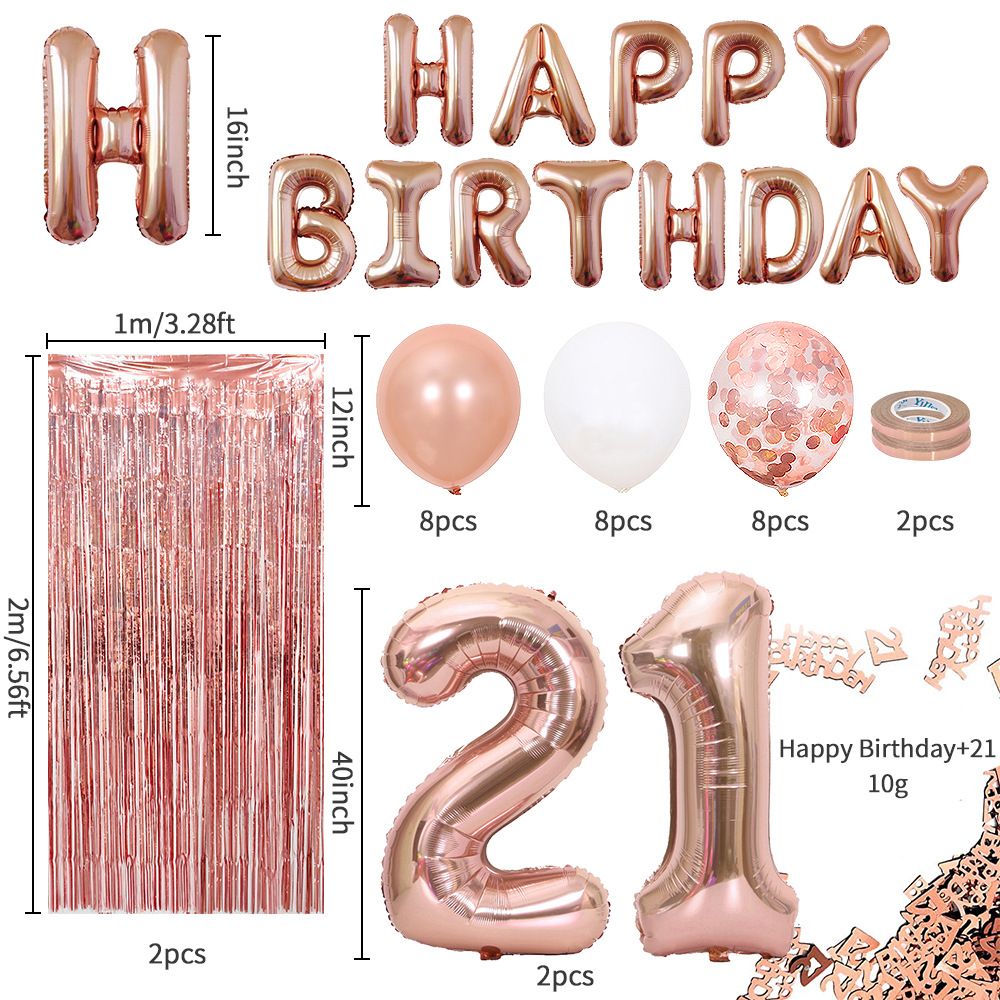 Rose Gold 21th  Birthday Balloon Decoration Set - Foil Number Balloons, Happy Birthday Letter Banner, Tassel Curtain, Confetti Balloons, Latex Balloons & Tape - Complete Party Decor Kit for 18th, 21st, 30th  Birthdays