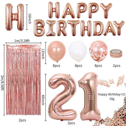 Rose Gold 21th  Birthday Balloon Decoration Set - Foil Number Balloons, Happy Birthday Letter Banner, Tassel Curtain, Confetti Balloons, Latex Balloons & Tape - Complete Party Decor Kit for 18th, 21st, 30th  Birthdays