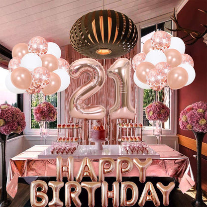 Rose Gold 21th  Birthday Balloon Decoration Set - Foil Number Balloons, Happy Birthday Letter Banner, Tassel Curtain, Confetti Balloons, Latex Balloons & Tape - Complete Party Decor Kit for 18th, 21st, 30th  Birthdays