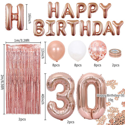 Rose Gold 30th Birthday Balloon Decoration Set - Foil Number Balloons, Happy Birthday Letter Banner, Tassel Curtain, Confetti Balloons, Latex Balloons & Tape - Complete Party Decor Kit for 18th, 21st, 30th  Birthdays