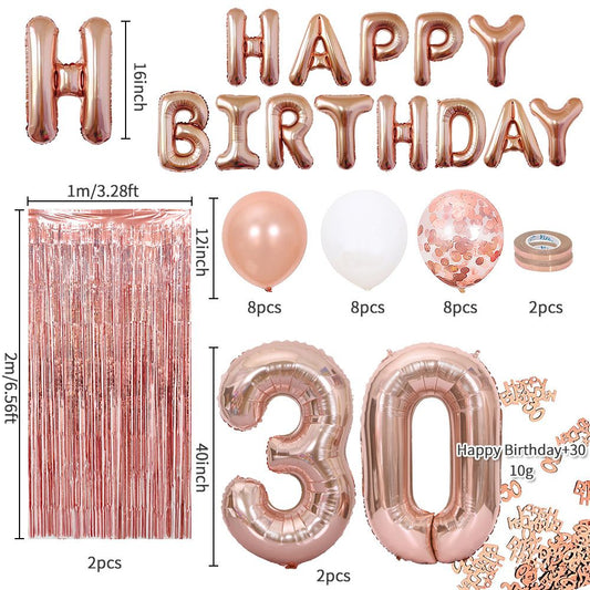 Rose Gold 30th Birthday Balloon Decoration Set - Foil Number Balloons, Happy Birthday Letter Banner, Tassel Curtain, Confetti Balloons, Latex Balloons & Tape - Complete Party Decor Kit for 18th, 21st, 30th  Birthdays