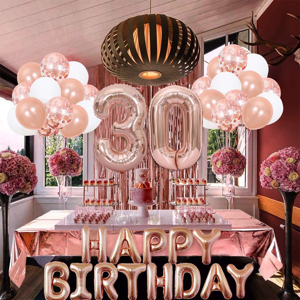 Rose Gold 30th Birthday Balloon Decoration Set - Foil Number Balloons, Happy Birthday Letter Banner, Tassel Curtain, Confetti Balloons, Latex Balloons & Tape - Complete Party Decor Kit for 18th, 21st, 30th  Birthdays