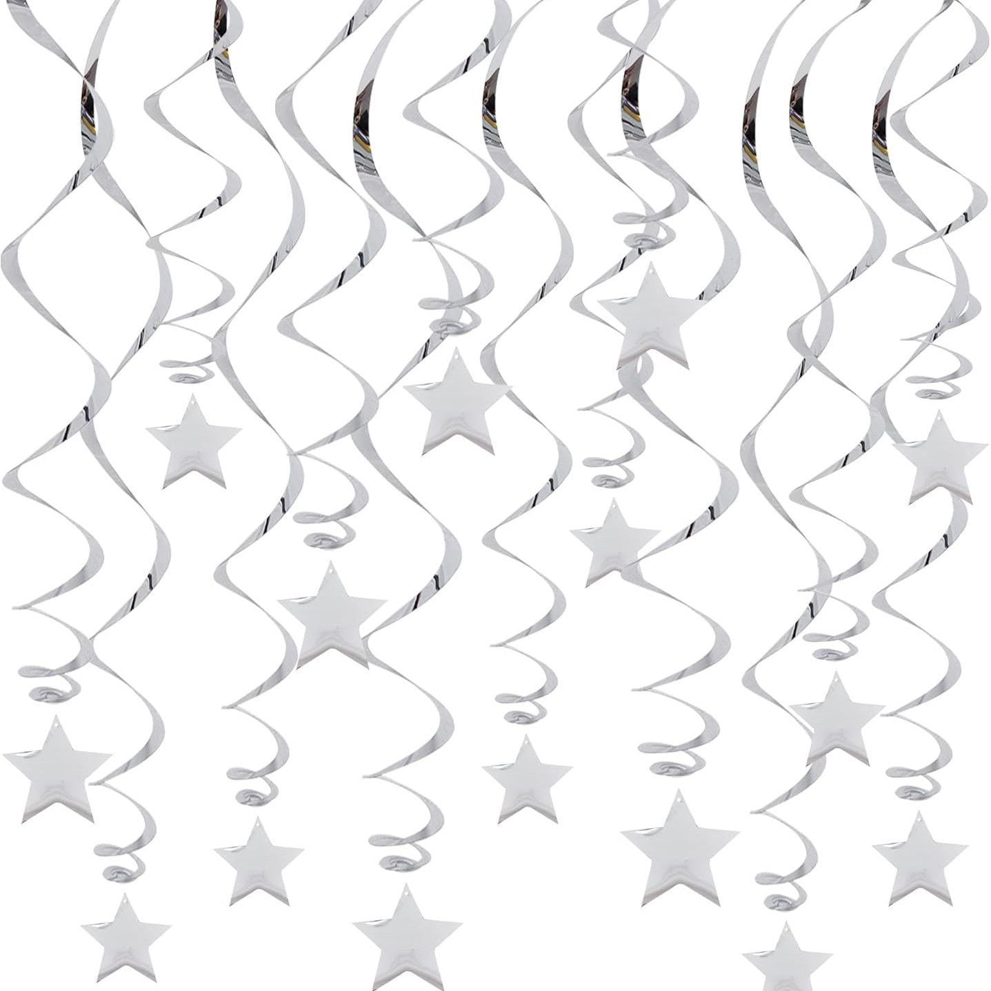 30-Piece Set for Silvery Star Spiral Hanging Decorations - Kids Birthday, Wedding, Graduation, and Party Ceiling Decoration - Festive Swirl Streamers, Easy Hang Party Supplies