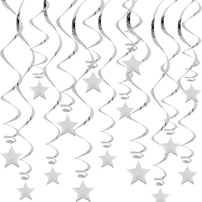 30-Piece Set for Silvery Star Spiral Hanging Decorations - Kids Birthday, Wedding, Graduation, and Party Ceiling Decoration - Festive Swirl Streamers, Easy Hang Party Supplies