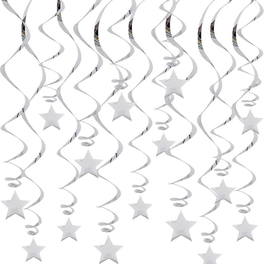 30-Piece Set for Silvery Star Spiral Hanging Decorations - Kids Birthday, Wedding, Graduation, and Party Ceiling Decoration - Festive Swirl Streamers, Easy Hang Party Supplies