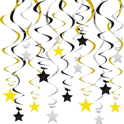30-Piece Set for Golden and Silvery and Black Star Spiral Hanging Decorations - Kids Birthday, Wedding, Graduation, and Party Ceiling Decoration - Festive Swirl Streamers, Easy Hang Party Supplies