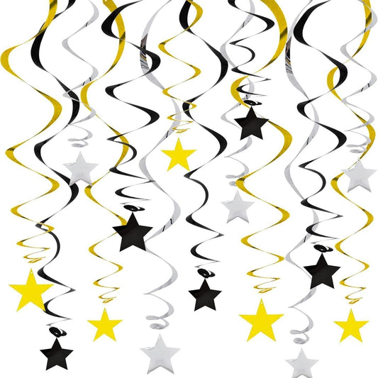 30-Piece Set for Golden and Silvery and Black Star Spiral Hanging Decorations - Kids Birthday, Wedding, Graduation, and Party Ceiling Decoration - Festive Swirl Streamers, Easy Hang Party Supplies
