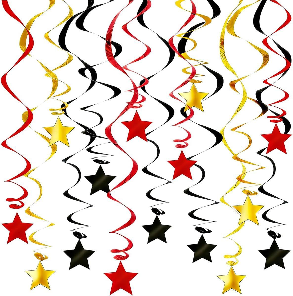 30-Piece Set for Golden and Red and Black Star Spiral Hanging Decorations - Kids Birthday, Wedding, Graduation, and Party Ceiling Decoration - Festive Swirl Streamers, Easy Hang Party Supplies
