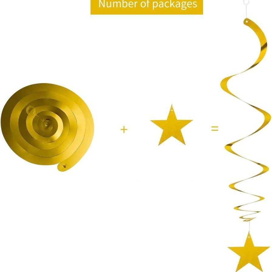 30-Piece Set for Golden and Red and Black Star Spiral Hanging Decorations - Kids Birthday, Wedding, Graduation, and Party Ceiling Decoration - Festive Swirl Streamers, Easy Hang Party Supplies