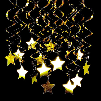 30-Piece Set for Golden and Red and Black Star Spiral Hanging Decorations - Kids Birthday, Wedding, Graduation, and Party Ceiling Decoration - Festive Swirl Streamers, Easy Hang Party Supplies