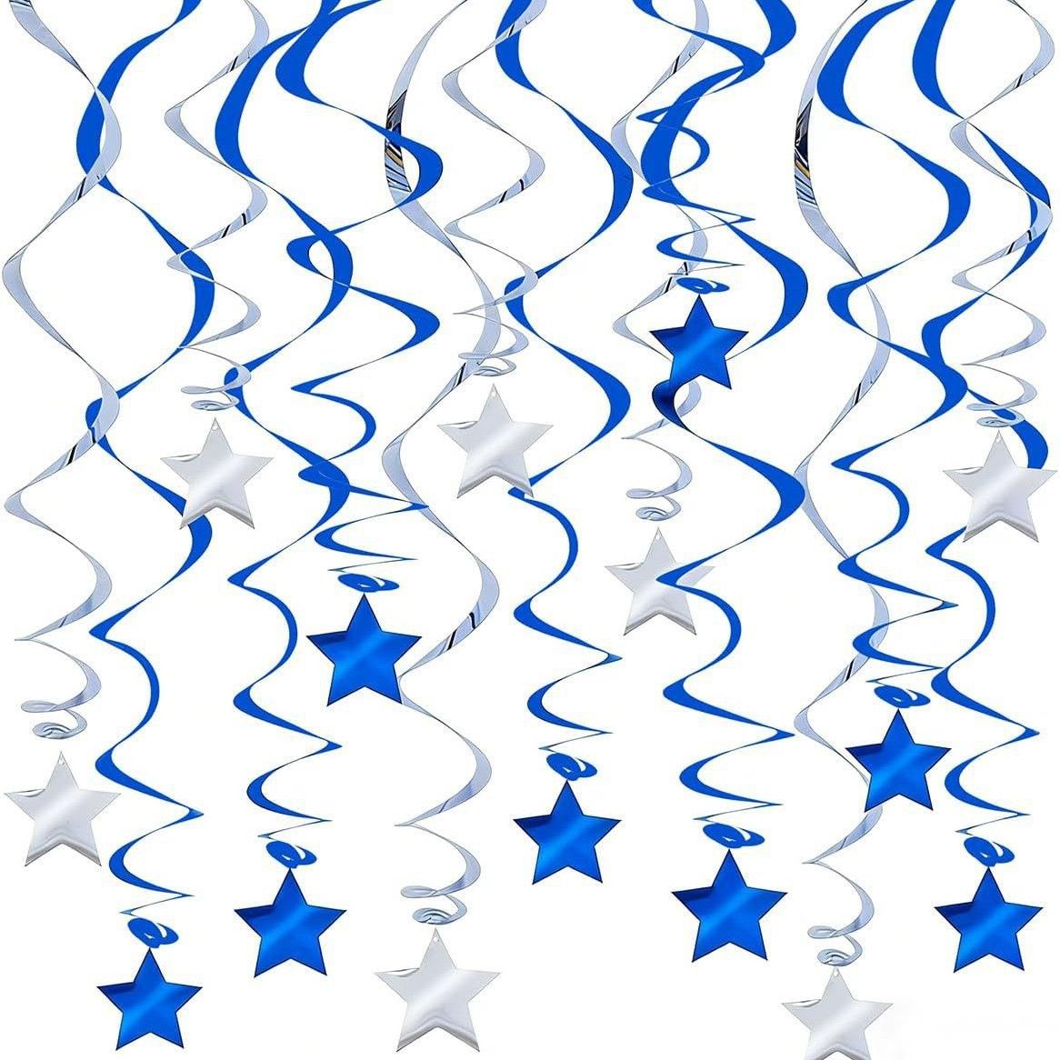 30-Piece Set for Silvery and Blue Star Spiral Hanging Decorations - Kids Birthday, Wedding, Graduation, and Party Ceiling Decoration - Festive Swirl Streamers, Easy Hang Party Supplies