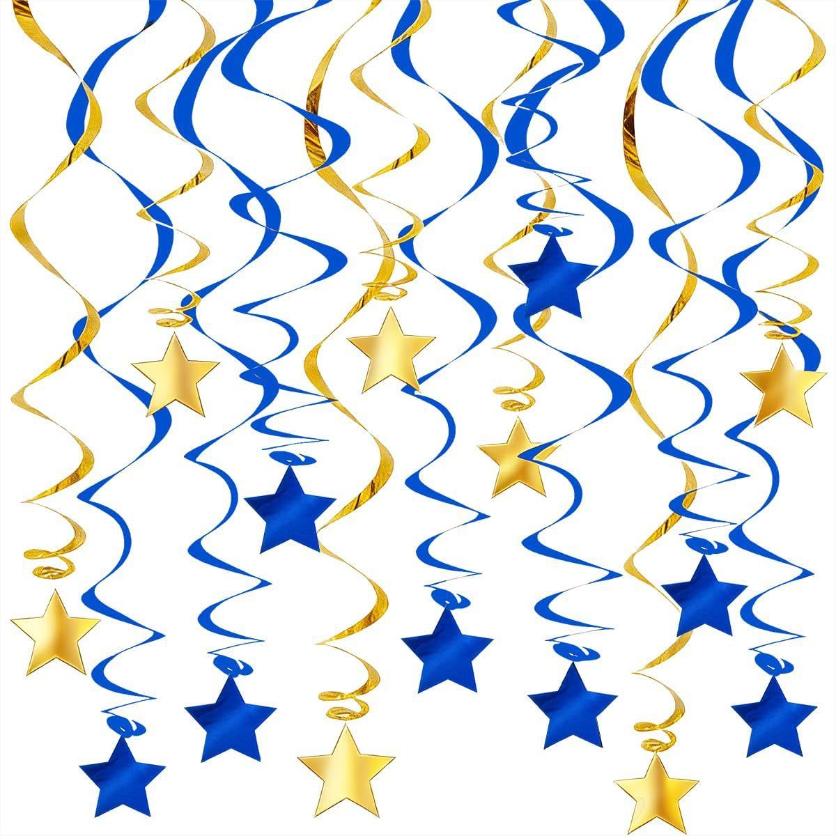 30-Piece Set for Golden and Blue Star Spiral Hanging Decorations - Kids Birthday, Wedding, Graduation, and Party Ceiling Decoration - Festive Swirl Streamers, Easy Hang Party Supplies