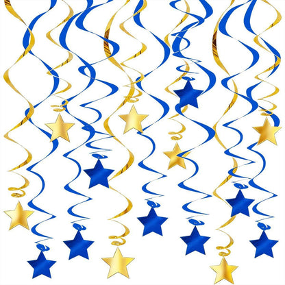 30-Piece Set for Golden and Blue Star Spiral Hanging Decorations - Kids Birthday, Wedding, Graduation, and Party Ceiling Decoration - Festive Swirl Streamers, Easy Hang Party Supplies