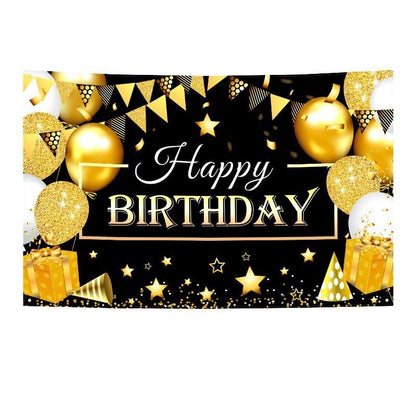 180*115cm Golden and Black Happy Birthday Banner - Glitter Party Backdrop & Confetti, Durable Polyester Wall Decoration for Birthday Parties, Photo Booth Background, Easy Hang Birthday Sign