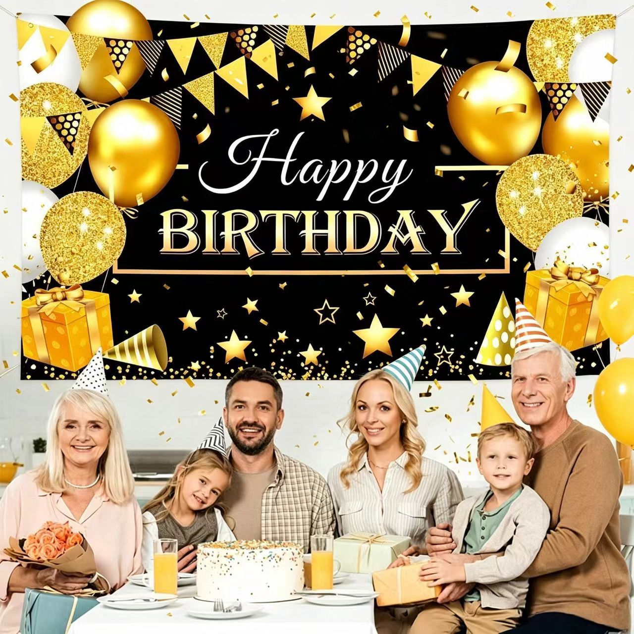 180*115cm Golden and Black Happy Birthday Banner - Glitter Party Backdrop & Confetti, Durable Polyester Wall Decoration for Birthday Parties, Photo Booth Background, Easy Hang Birthday Sign