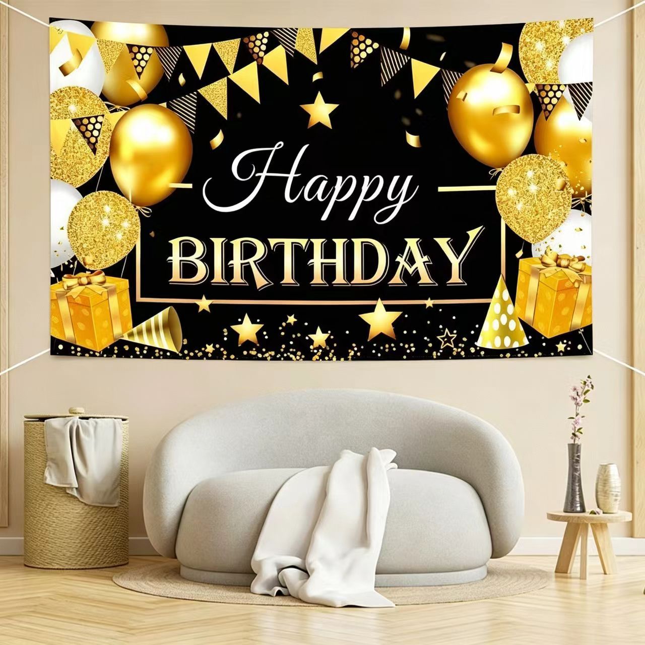 180*115cm Golden and Black Happy Birthday Banner - Glitter Party Backdrop & Confetti, Durable Polyester Wall Decoration for Birthday Parties, Photo Booth Background, Easy Hang Birthday Sign