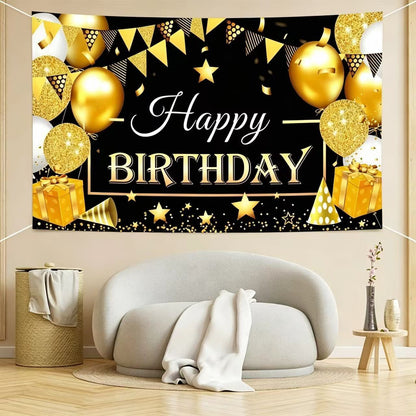 180*115cm Golden and Black Happy Birthday Banner - Glitter Party Backdrop & Confetti, Durable Polyester Wall Decoration for Birthday Parties, Photo Booth Background, Easy Hang Birthday Sign