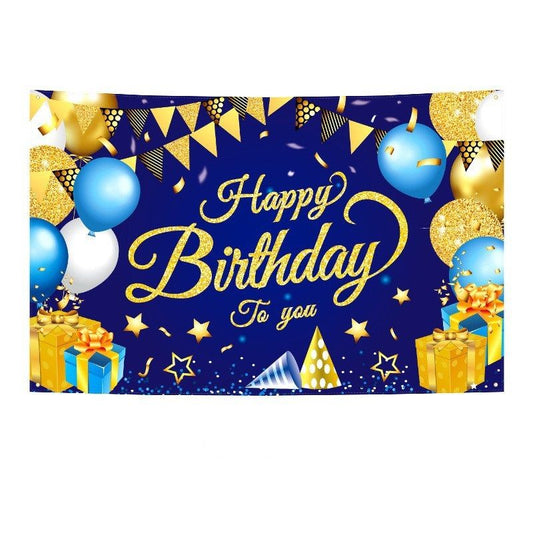 180*115cm Golden and Blue Happy Birthday Banner - Glitter Party Backdrop & Confetti, Durable Polyester Wall Decoration for Birthday Parties, Photo Booth Background, Easy Hang Birthday Sign