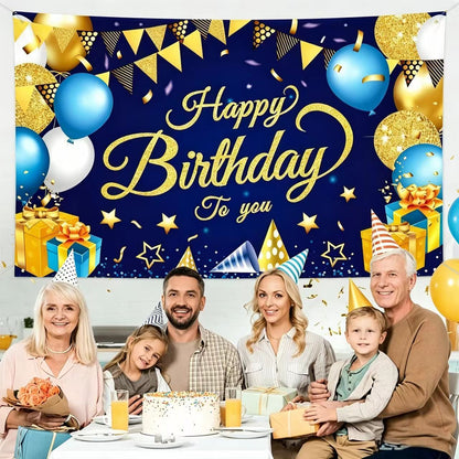 180*115cm Golden and Blue Happy Birthday Banner - Glitter Party Backdrop & Confetti, Durable Polyester Wall Decoration for Birthday Parties, Photo Booth Background, Easy Hang Birthday Sign