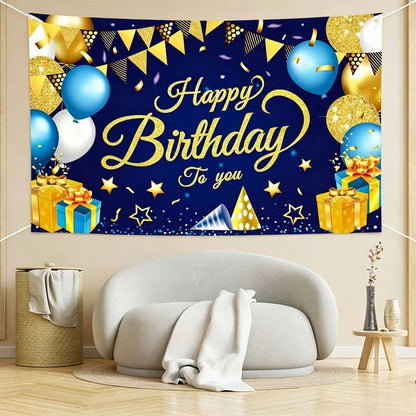 180*115cm Golden and Blue Happy Birthday Banner - Glitter Party Backdrop & Confetti, Durable Polyester Wall Decoration for Birthday Parties, Photo Booth Background, Easy Hang Birthday Sign