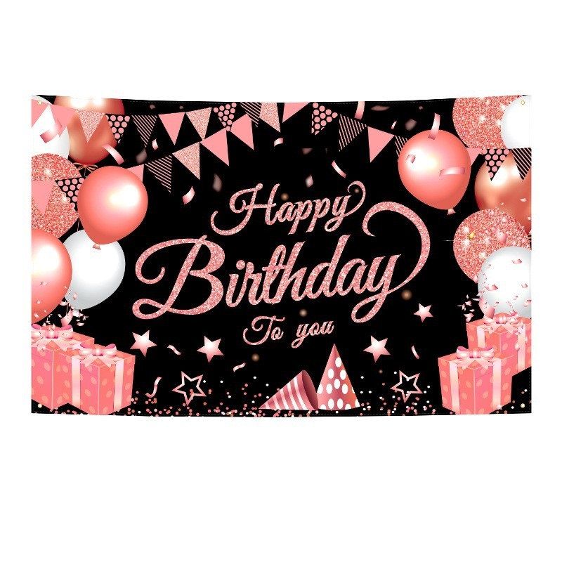 180*115cm Black and Pink Happy Birthday Banner - Glitter Party Backdrop & Confetti, Durable Polyester Wall Decoration for Birthday Parties, Photo Booth Background, Easy Hang Birthday Sign