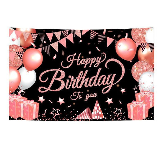 180*115cm Black and Pink Happy Birthday Banner - Glitter Party Backdrop & Confetti, Durable Polyester Wall Decoration for Birthday Parties, Photo Booth Background, Easy Hang Birthday Sign