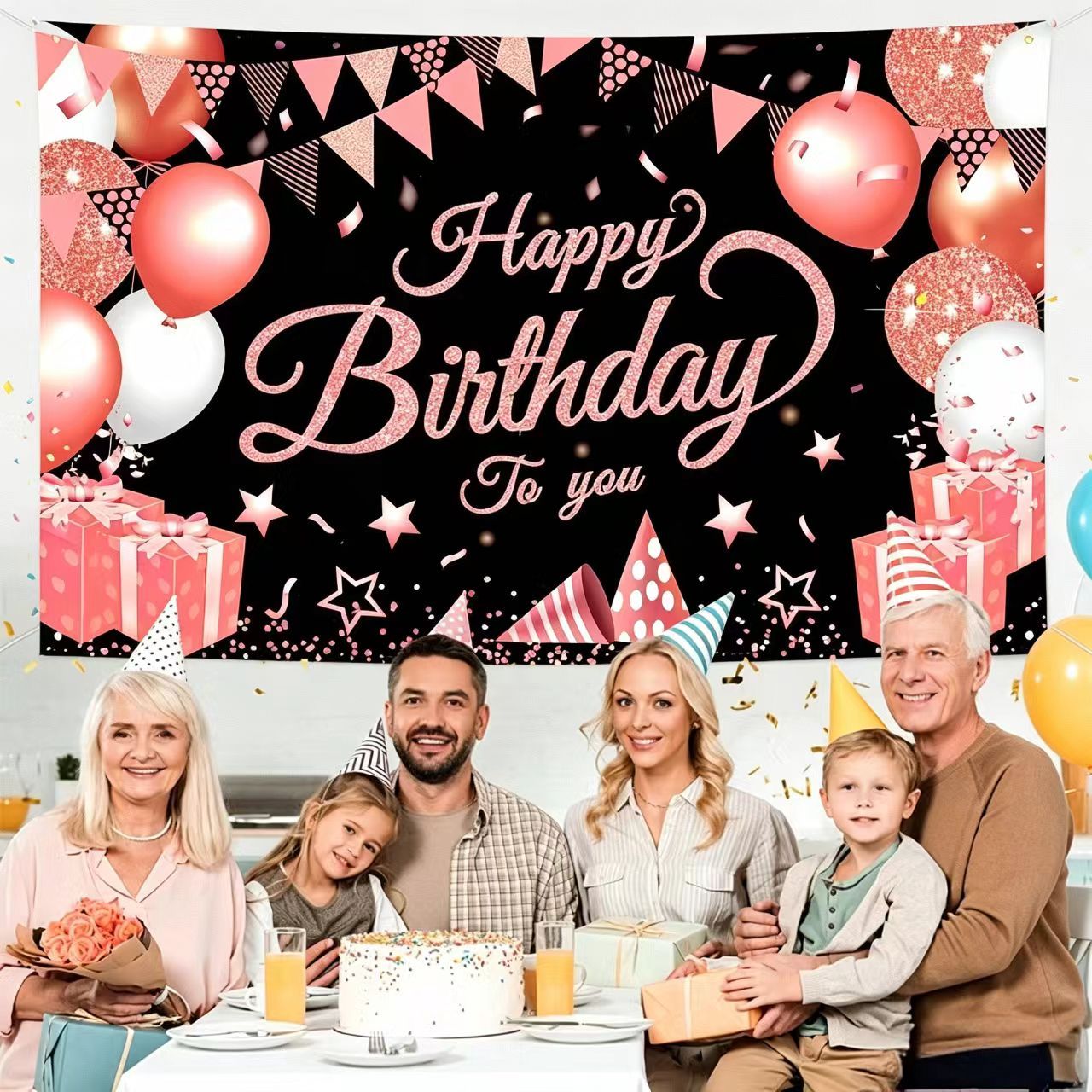 180*115cm Black and Pink Happy Birthday Banner - Glitter Party Backdrop & Confetti, Durable Polyester Wall Decoration for Birthday Parties, Photo Booth Background, Easy Hang Birthday Sign