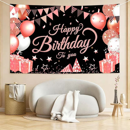 180*115cm Black and Pink Happy Birthday Banner - Glitter Party Backdrop & Confetti, Durable Polyester Wall Decoration for Birthday Parties, Photo Booth Background, Easy Hang Birthday Sign