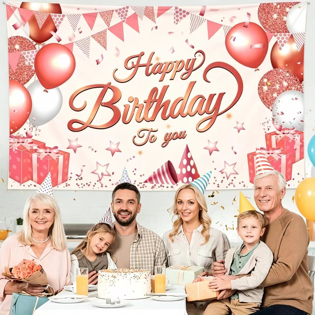 180*115cm Pink Happy Birthday Banner - Glitter Party Backdrop & Confetti, Durable Polyester Wall Decoration for Birthday Parties, Photo Booth Background, Easy Hang Birthday Sign