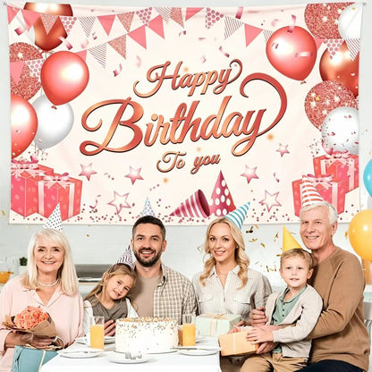 180*115cm Pink Happy Birthday Banner - Glitter Party Backdrop & Confetti, Durable Polyester Wall Decoration for Birthday Parties, Photo Booth Background, Easy Hang Birthday Sign