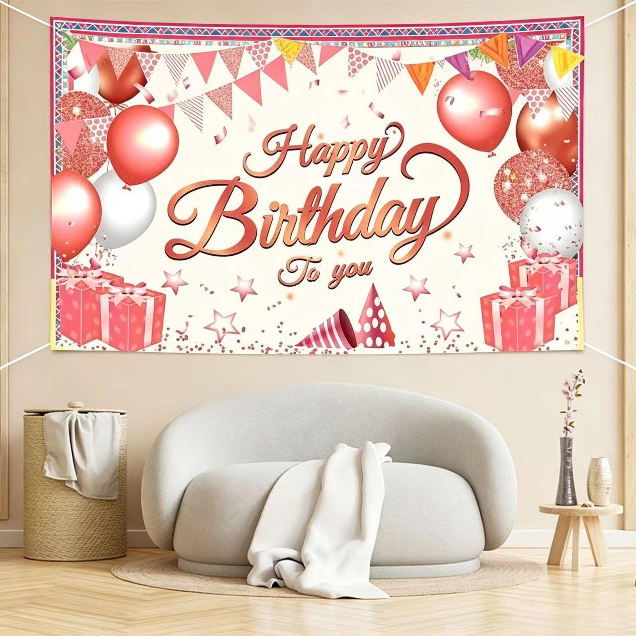 180*115cm Pink Happy Birthday Banner - Glitter Party Backdrop & Confetti, Durable Polyester Wall Decoration for Birthday Parties, Photo Booth Background, Easy Hang Birthday Sign