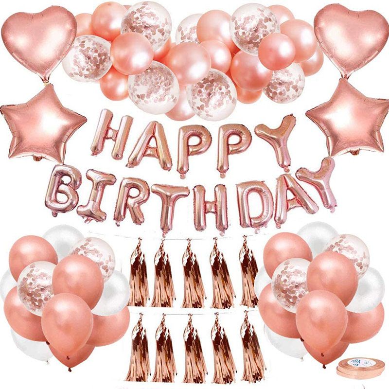 Rose Gold Happy Birthday Balloon Decoration Kit - Foil Letter Balloons, Confetti Latex Balloons, Tassel Garland, Heart & Star Shapes - Complete Party Backdrop Set for Women, Girls, Bridal Shower, Photo Booth - Easy Setup Party Supplies