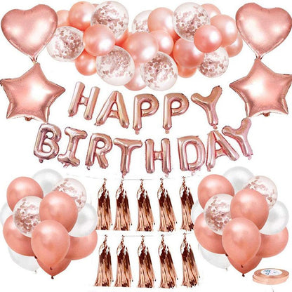 Rose Gold Happy Birthday Balloon Decoration Kit - Foil Letter Balloons, Confetti Latex Balloons, Tassel Garland, Heart & Star Shapes - Complete Party Backdrop Set for Women, Girls, Bridal Shower, Photo Booth - Easy Setup Party Supplies